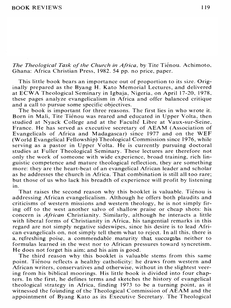 Review by da carson of 1982 book written by tienou theological task in