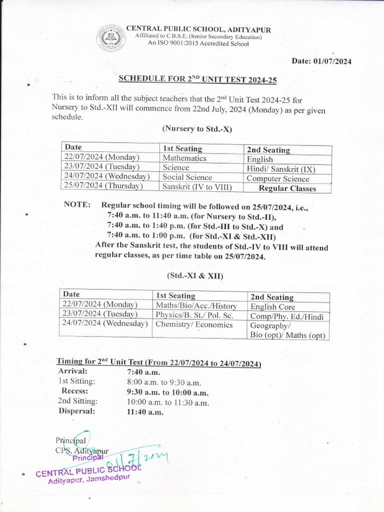 Schedule For 2ND Unit Test 2024-25 | PDF | Educational Stages | Science