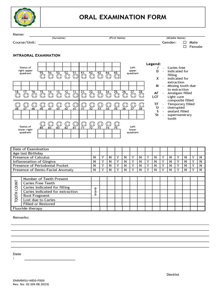 Oral Examination Form Template | PDF | Human Tooth | Health Sciences