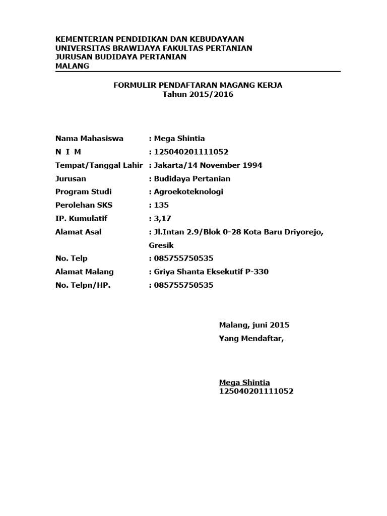 Formulir Pendaftara Magang Kerja Rangkap 3 | PDF