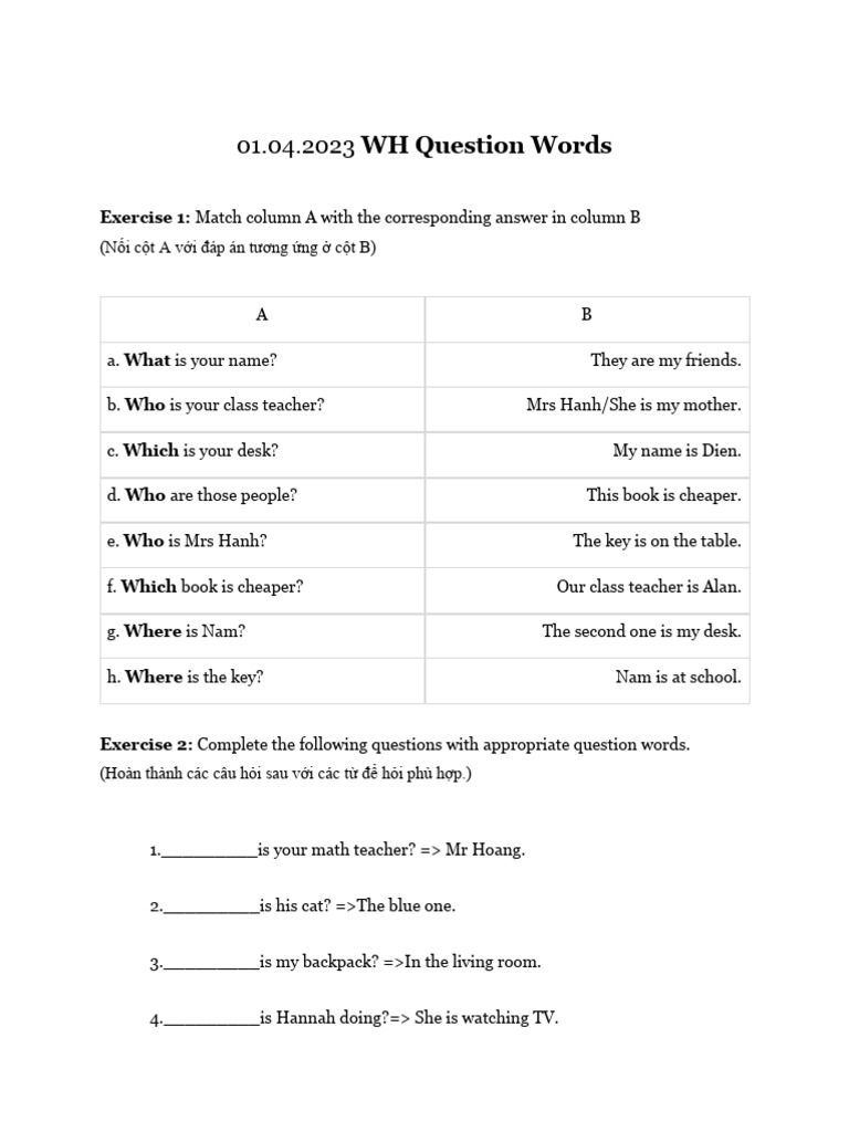 Wh-questions worksheet | PDF