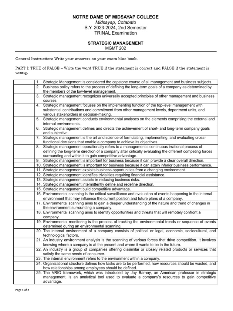 EXAM - TRINAL - Strategic Management | PDF | Strategic Management ...