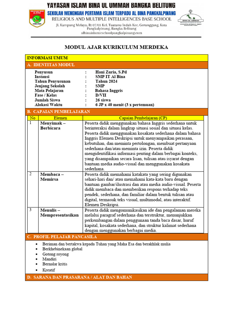 Modul Ajar Chapter 4 My School Activity Pdf