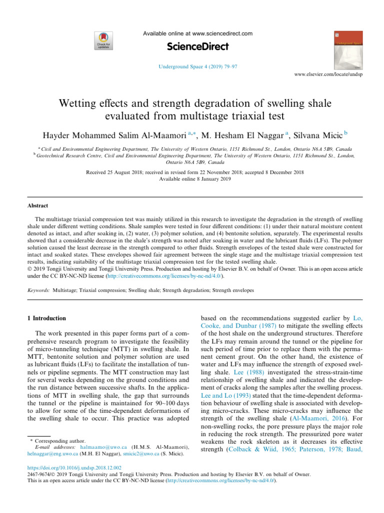 Wetting E Ects and Strength Degradation of Swelling Shale Evaluated ...