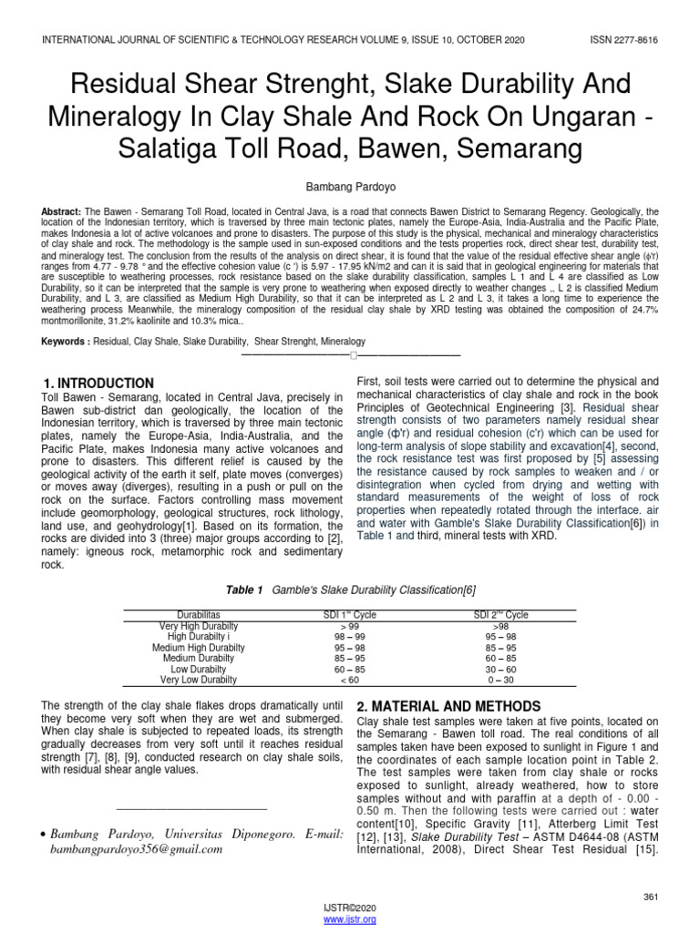 Residual Shear Strenght Slake Durability and Mineralogy in Clay Shale ...