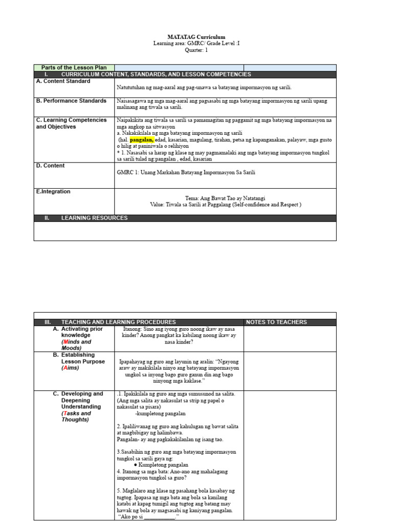 MATATAG Lesson Plan Template | PDF