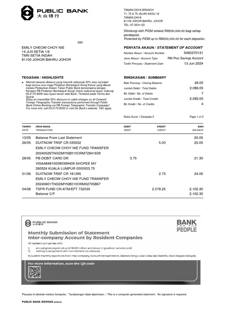 Public Bank Statement Summary | PDF | Debits And Credits | Banks