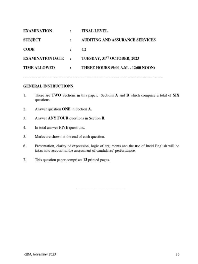 NBAA C2 Auditing Exam Paper 2023 | PDF | Audit | Internal Control