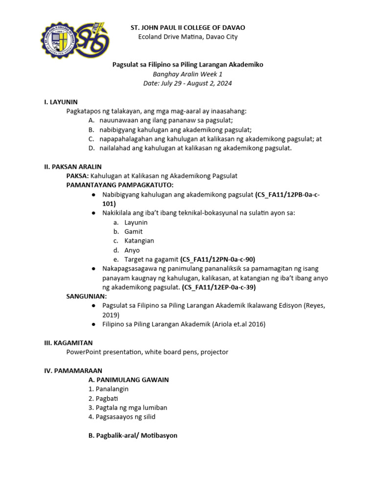 Filipino Week1 LP | PDF