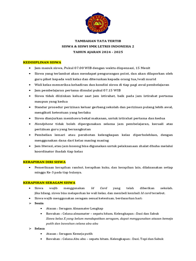 Tata Tertib Siswa SMK Letris 2024-2025 | PDF