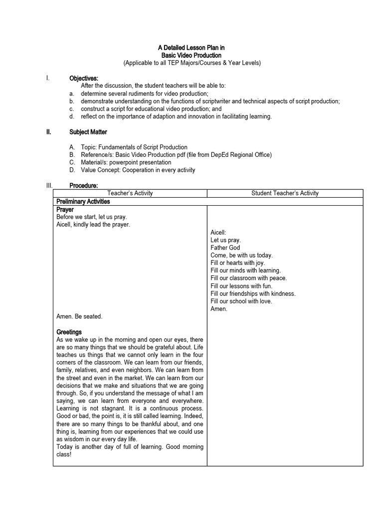 A Detailed Lesson Plan in Script Production | PDF | Learning | Teachers