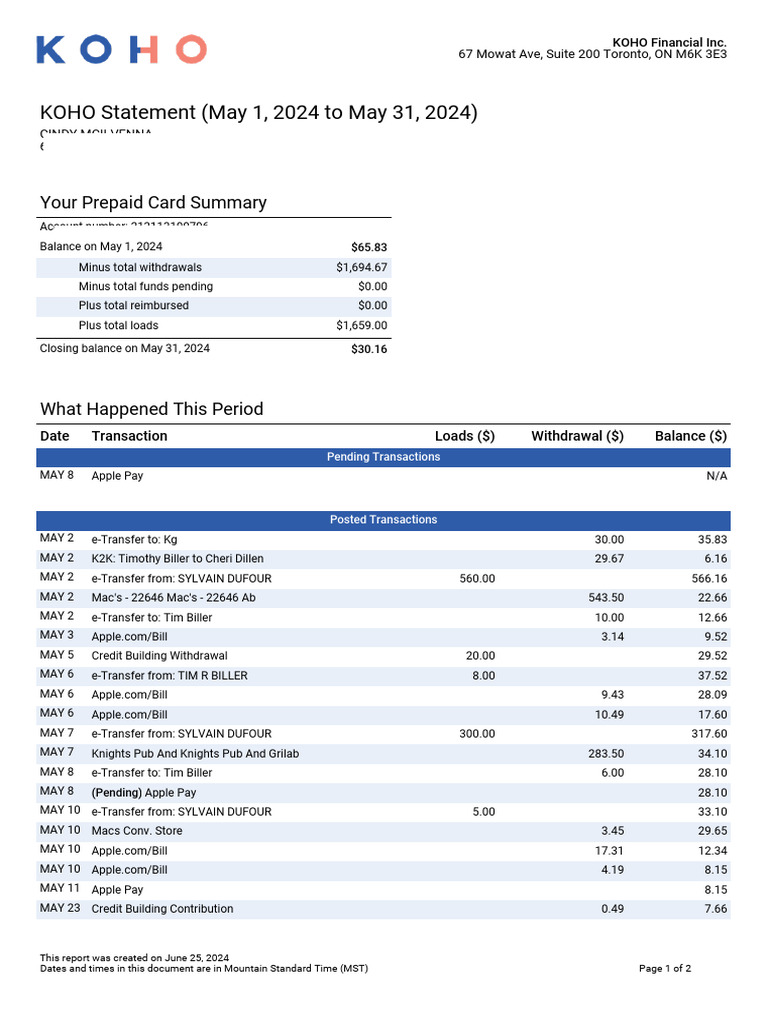 KOHO Statement Summary: May 2024 | PDF | Apple Pay | Personal Finance