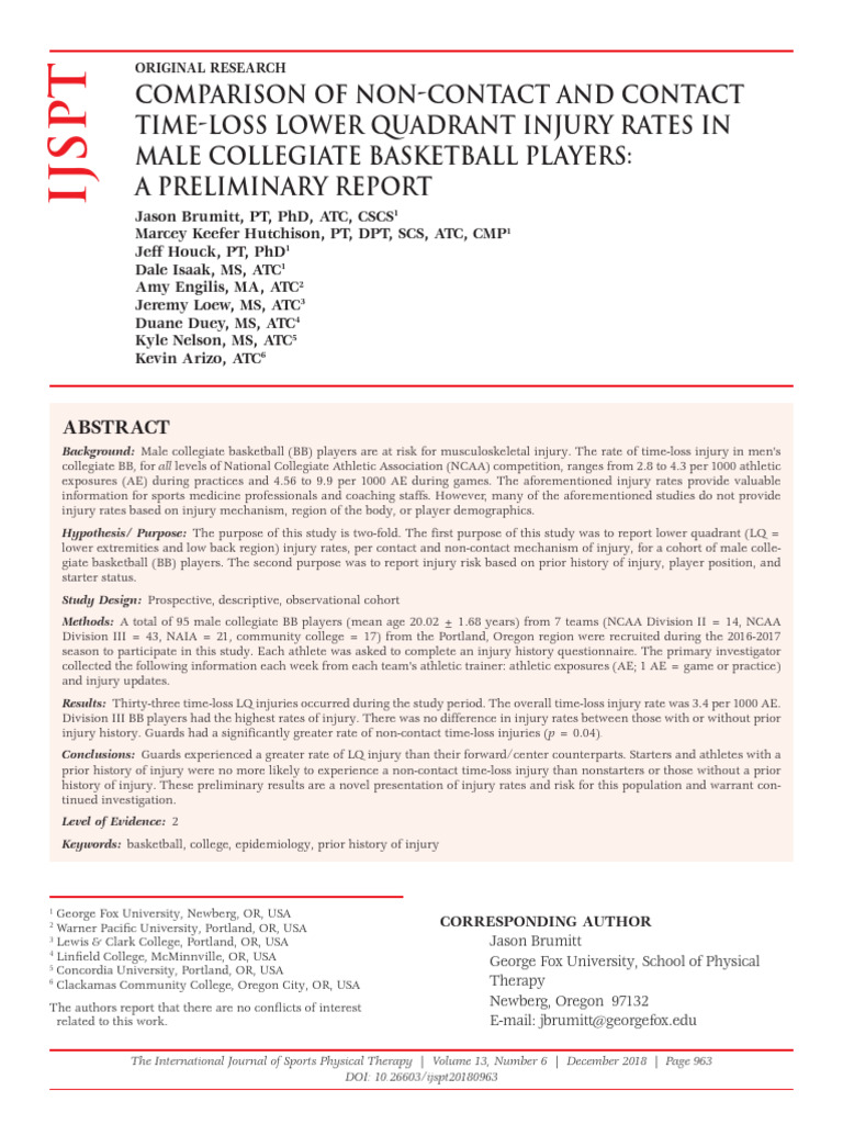 Comparison of Non-Contact and Contact Time-Loss Lower Quadrant Injury ...
