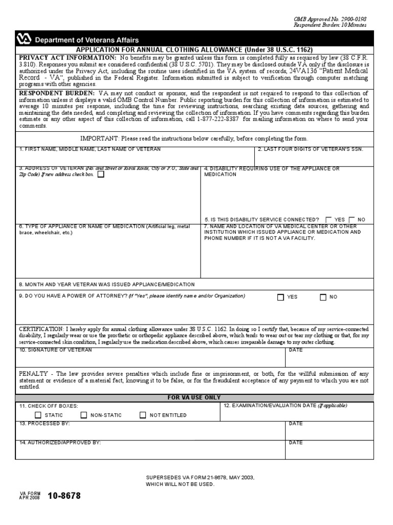VA Form 10-8678: Clothing Allowance Guide | PDF | Medical Record ...