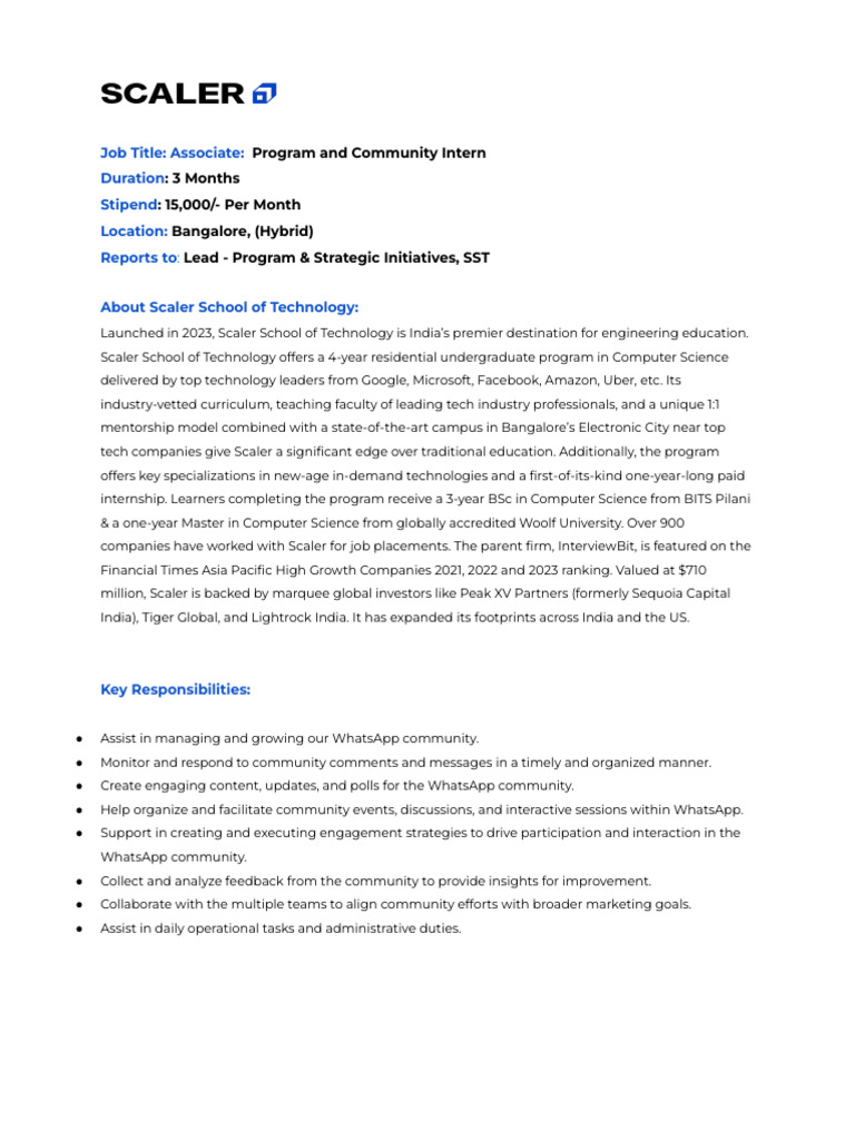 Community Intern at Scaler School | PDF | Internship | Job Hunting