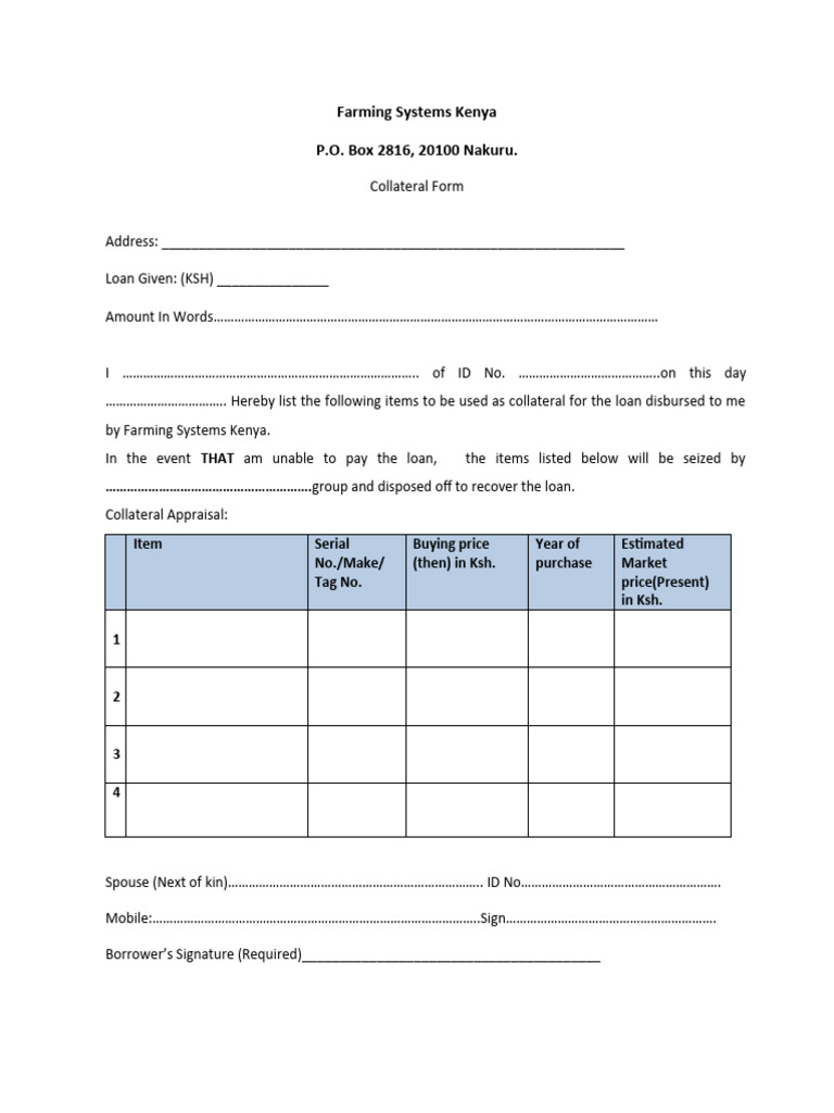 Loan Collateral Form Kenya | PDF | Finance & Money Management