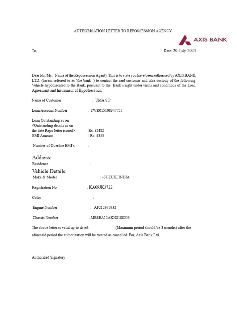 Vehicle Repossession Authorization Letter | PDF