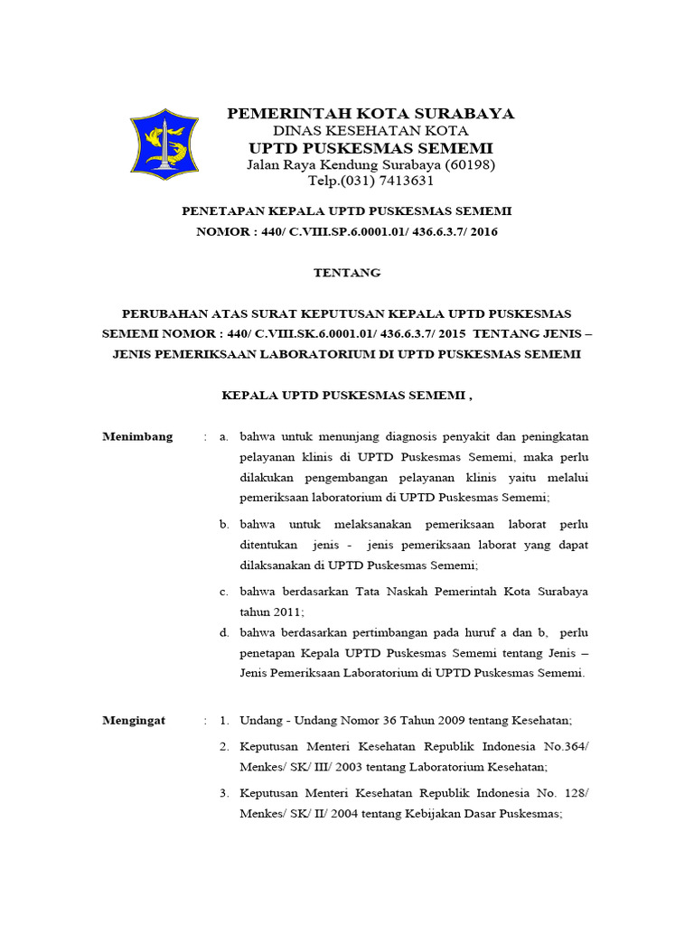 Jenis Pemeriksaan Laboratorium Puskesmas Sememi | PDF