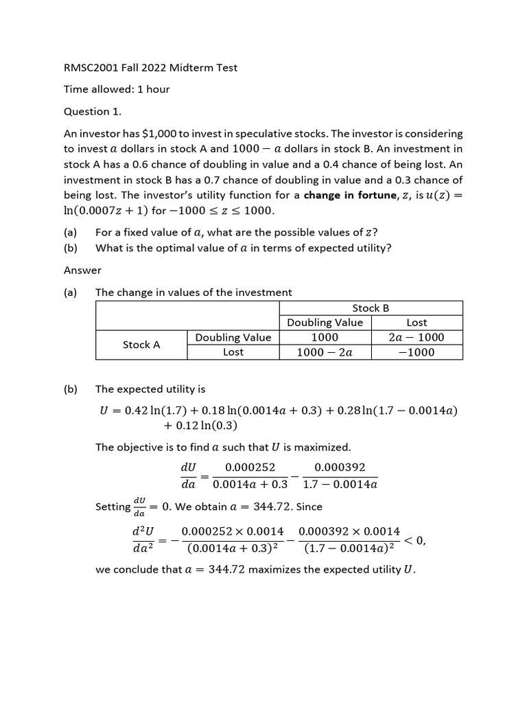 RMSC2001 Fall 2022 Midterm Test With Solutions Ver 2 | PDF | Investing ...