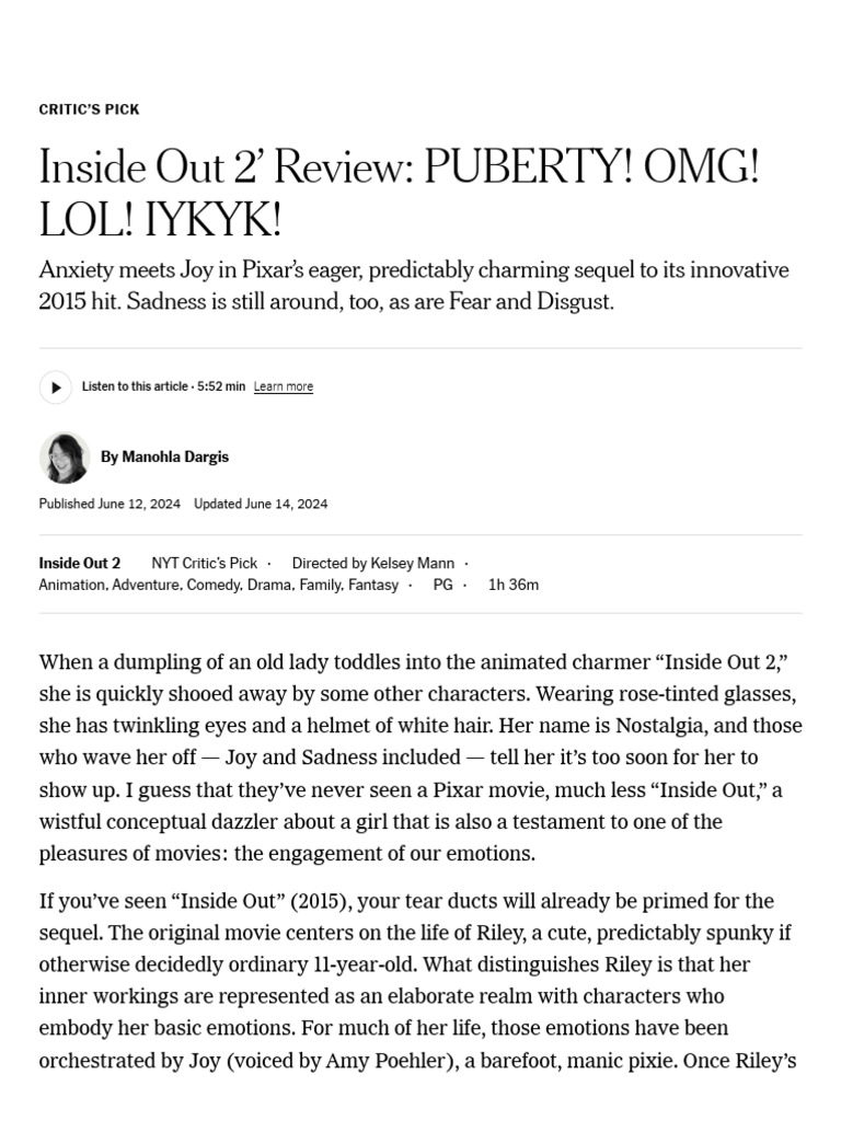 Inside Out 2' Review - A Charming Sequel To The 2015 Hit - The New York ...