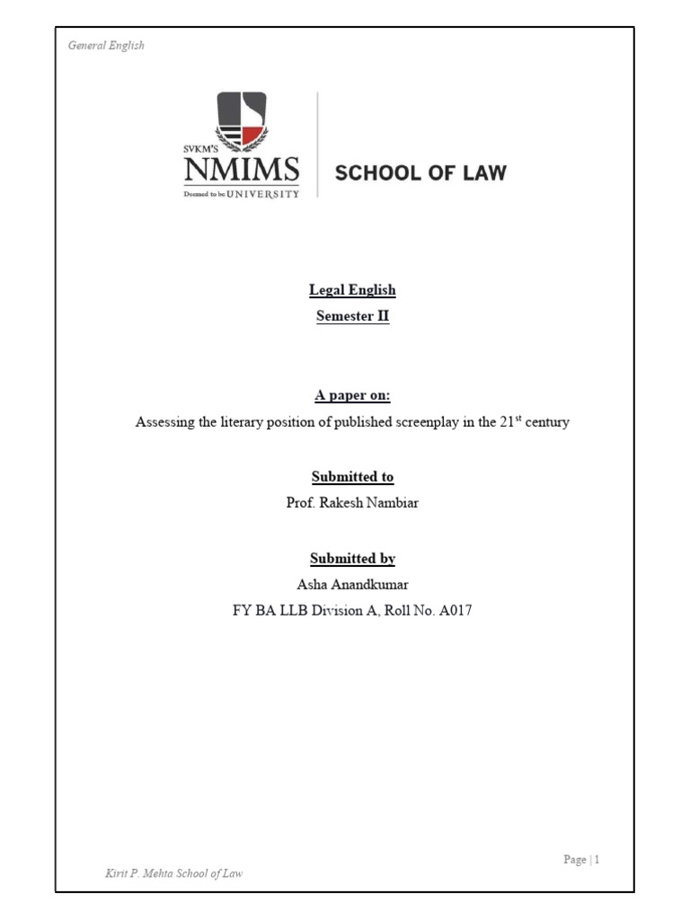 Asha Anandkumar Legal English A017 | PDF | Screenplay | Screenwriting