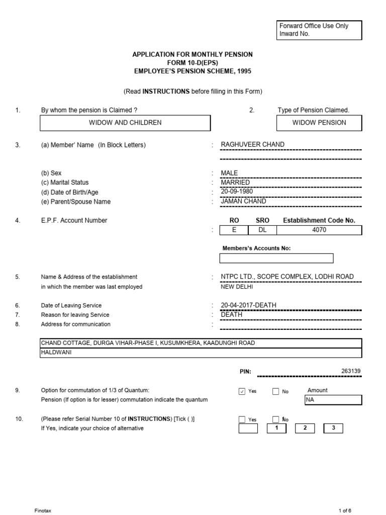 Monthly Pension Application Form 10-D | PDF | Pension