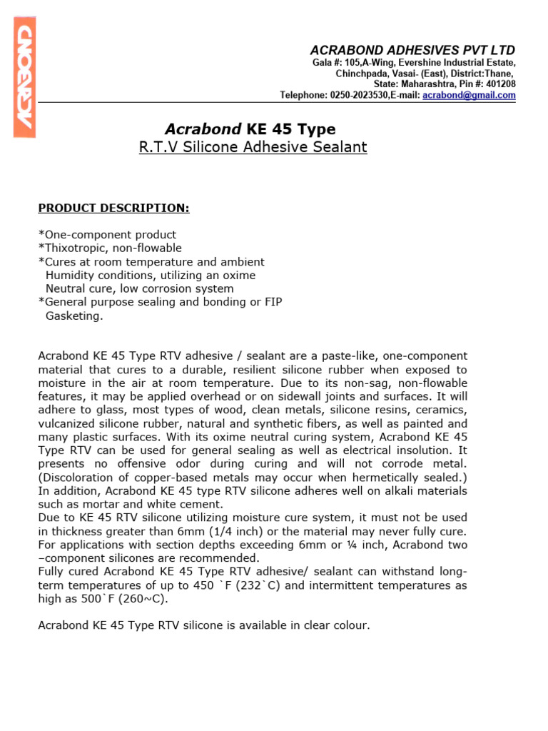 Acrabond Ke 45 RTV Adhesive Sealant Electrical Grade | PDF | Adhesive ...