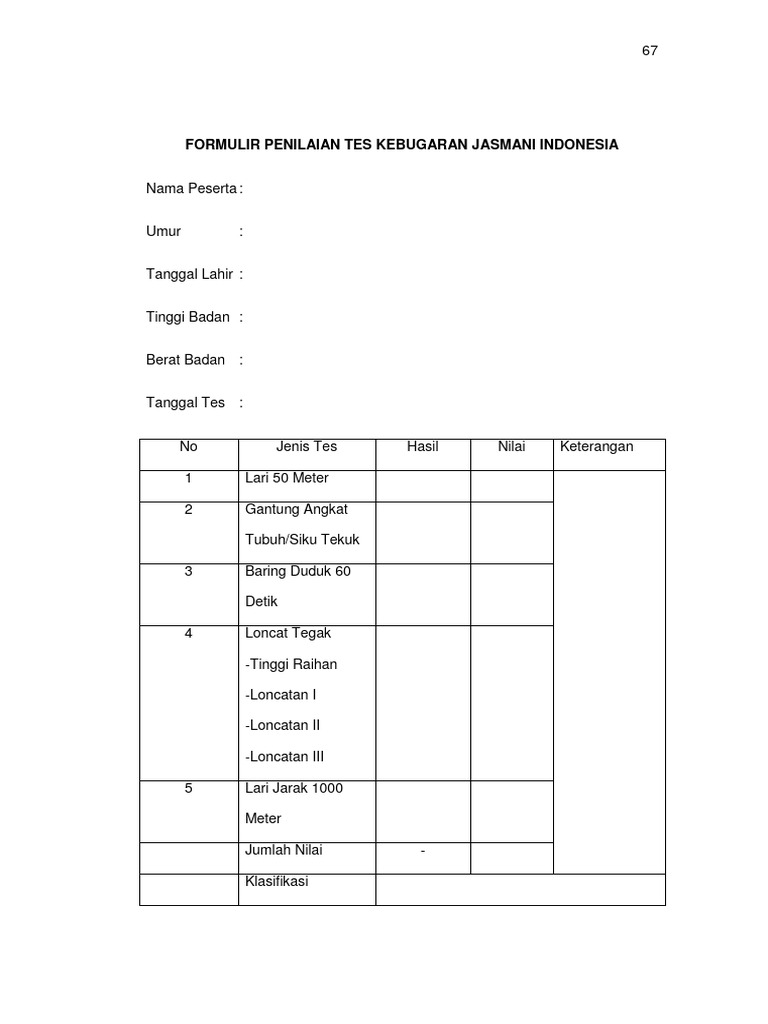 Format Penilaian Tes Kebugaran Jasmani | PDF