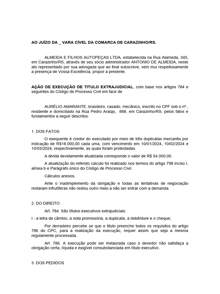 Ação de Execução de Título Extrajudicial | PDF | Nota promissória ...