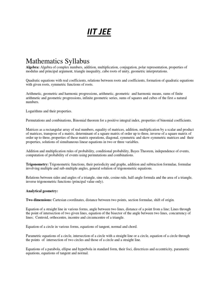Iit jee mathematics syllabus pdf