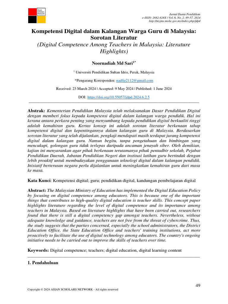 Digital Competence Among Teachers in Malaysia: Literature Highlights | PDF