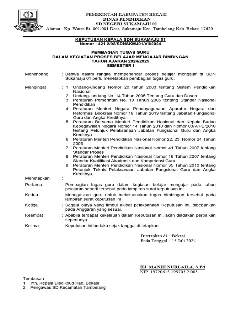 Pembagian Tugas Guru Sdn Sukamaju 01 Pdf