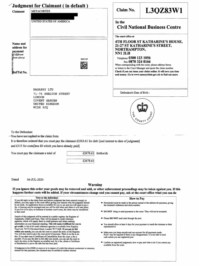 4th of July, 2024 Court Judgment L3QZ83W1 vs. RagaPay | PDF