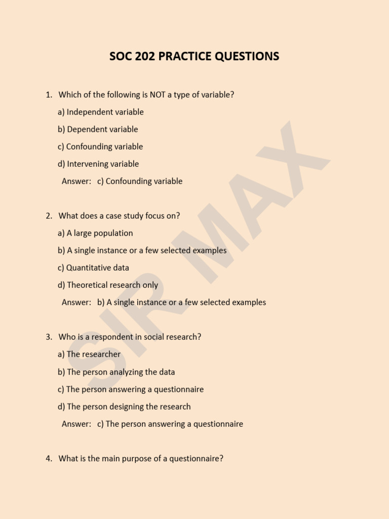 Sociology Practice Questions Guide | PDF | Methodology | Sociology