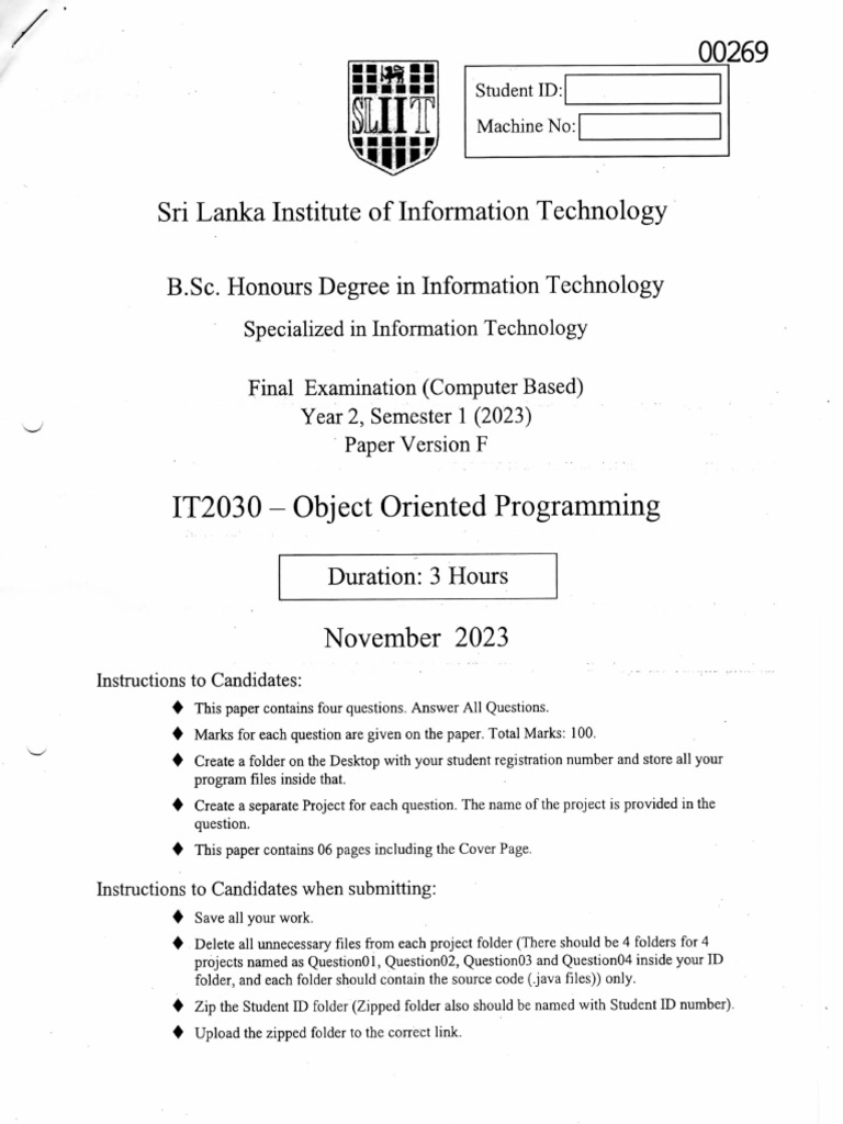 IT2030 Object Oriented Programming Exam | PDF | Computer File | Class ...