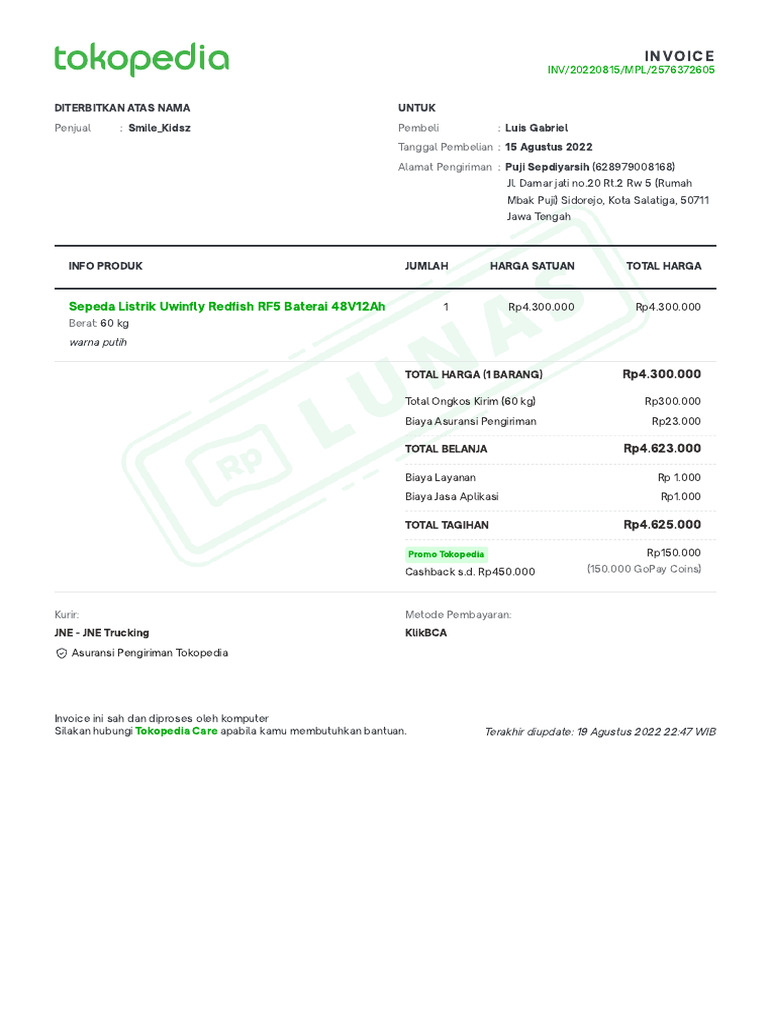 Invoice Sepeda Listrik Uwinfly RF5 | PDF