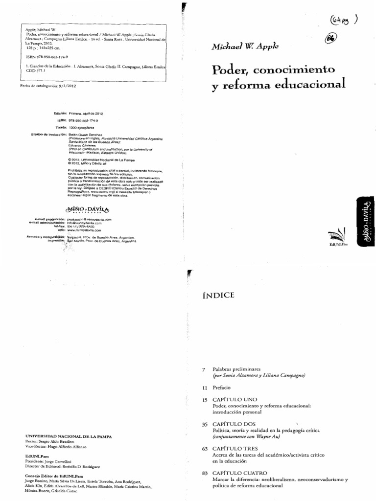 Apple Michael Poder Conocimiento Y Reforma Educacional Pdf