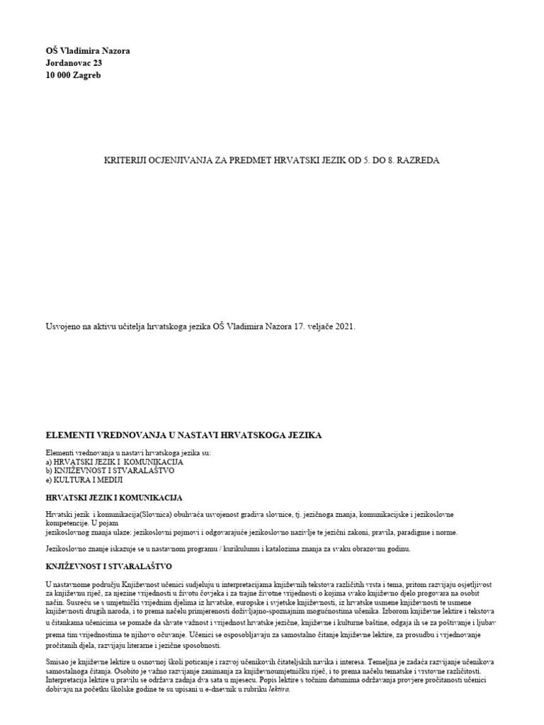 Kriteriji Ocjenjivanja Za Predmet Hrvatski Jezik 5 8 Razred PDF