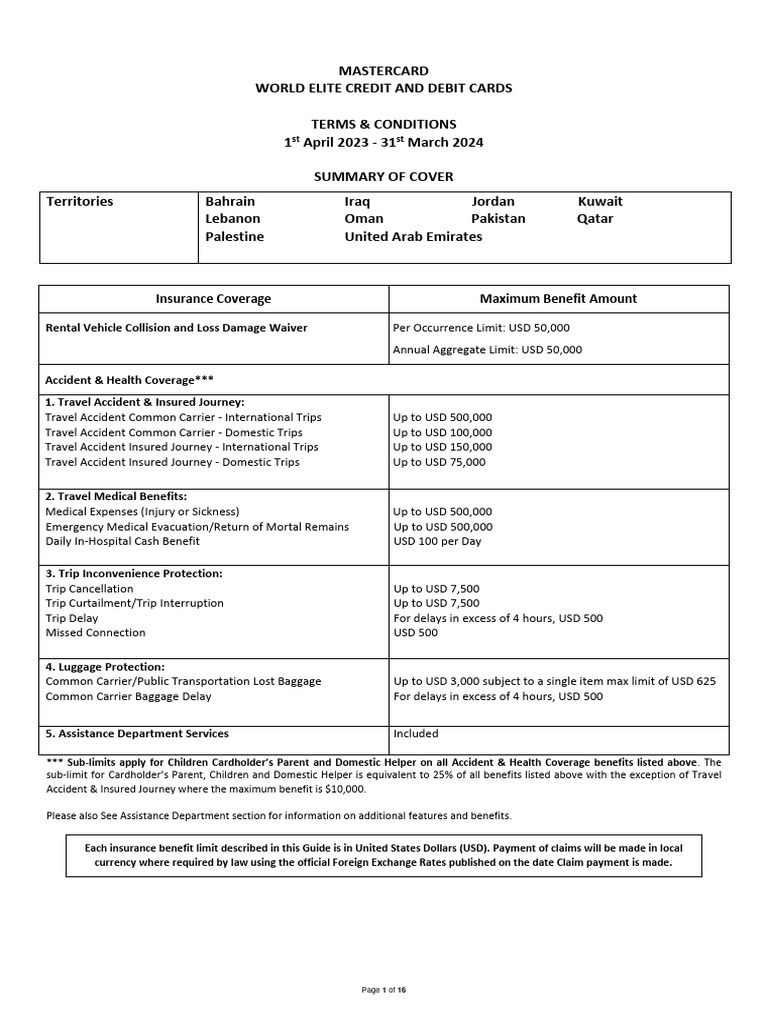 Mastercard World Elite Card Terms 2023 | PDF | Insurance | Visa Inc.
