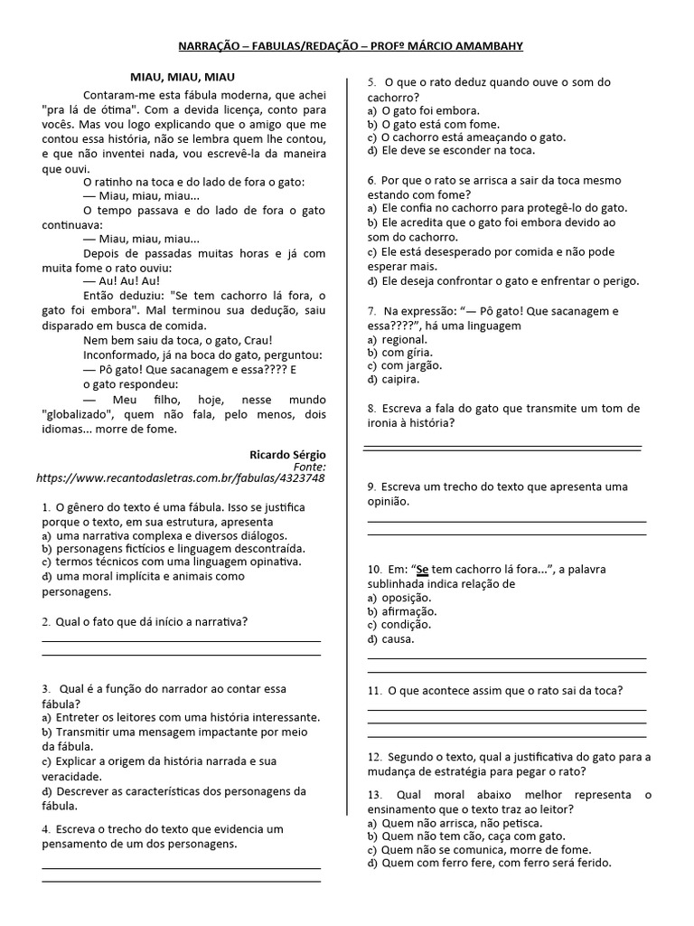 Atividade de Redação 7 Ano | PDF | Narrativa | Fábula