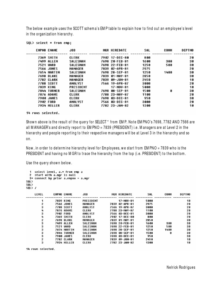 Oracle SQL Hierarchy Example | PDF