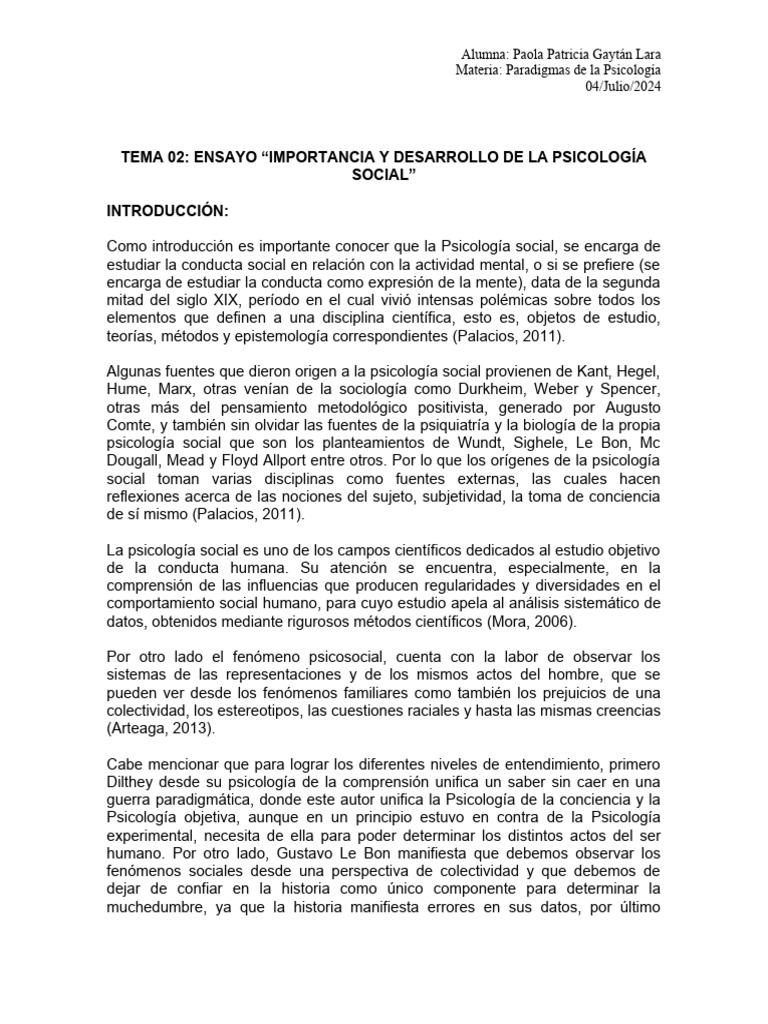 Ensayo Importancia y Desarrollo de La Psicología Social | PDF ...