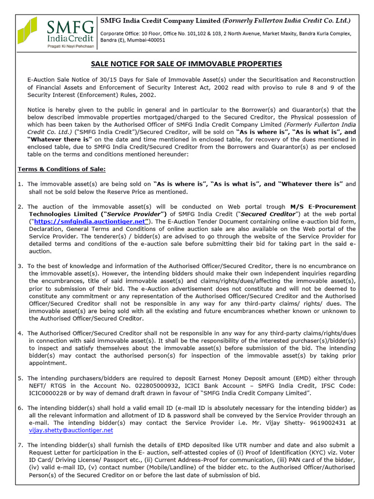 E-Auction Sale Notice for Properties | PDF | Security Interest | Taxes