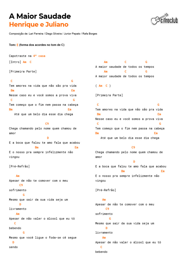 A Maior Saudade: Letra e Acordes | PDF