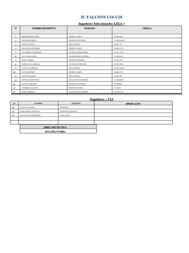 Jugadores Seleccionados IC Falcons U16-U18 | PDF