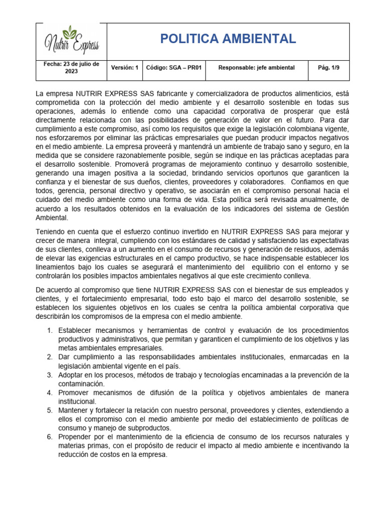 Politica Ambiental Nutrir Express | PDF | Sustentabilidad | Desarrollo ...