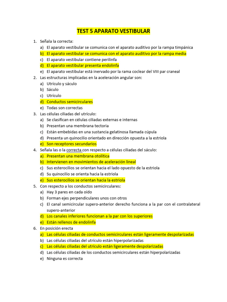 Test 5 Aparato Vestibular Soluciones | PDF | Oído | Órganos sensoriales
