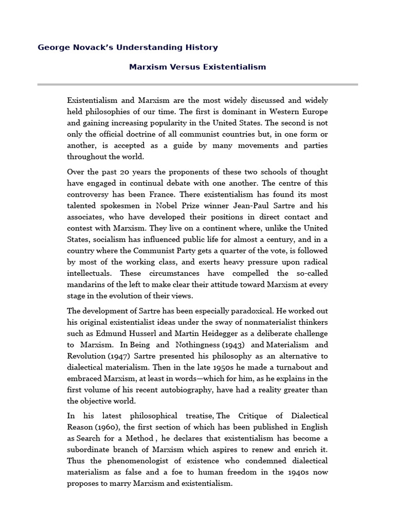 George Novack's Understanding History Marxism Versus Existentialism ...