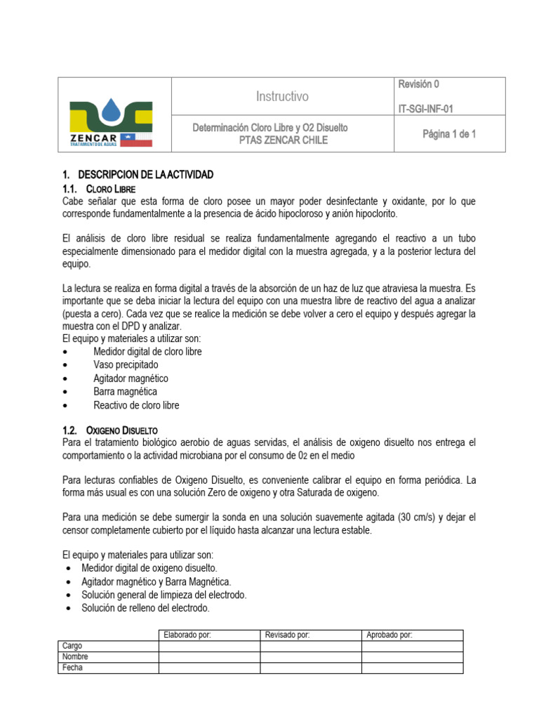 IT-SGI-INF-01 ZENCAR Determinac Cloro Libre y O2 Disuelto | PDF ...