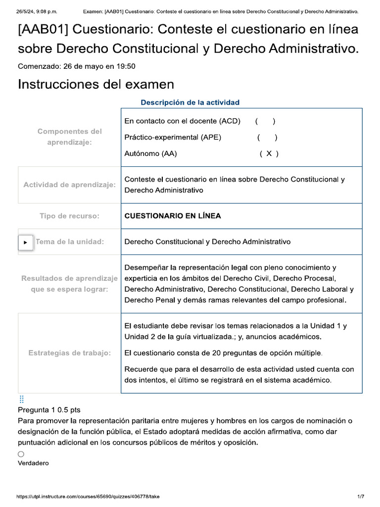 Examen - (AAB01) Cuestionario - Conteste ... Nstitucional y Derecho ...